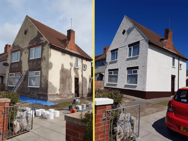 Before and after of a two-storey house: patchy render on the left, white textured finish on the right